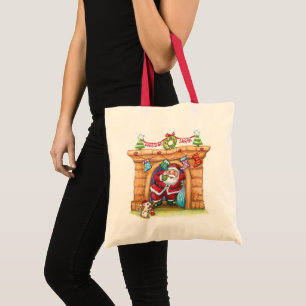 Cute Cartoon Jolly Santa Claus die de schoorsteen  Tote Bag
