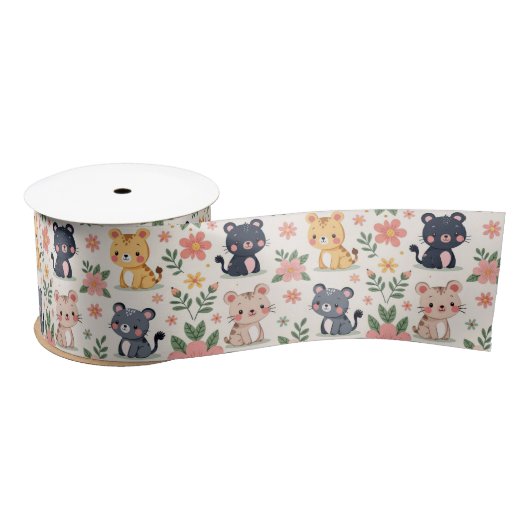 Cute Cartoon Jungle Cats and Flowers Satijnen Lint (Spoel)