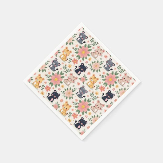 Cute Cartoon Jungle Cats and Flowers Servet (Hoek)