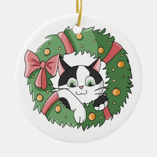 Cute Cartoon Kat in Kerst Krans Ornament (Voorkant)