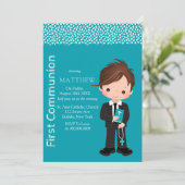 Cute Cartoon Katholieke Jongen Eerste Communie Kaart (Staand voorkant)
