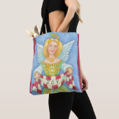 Cute Cartoon kerstengel Halo met Joy Banner Tote Bag (Dichtbij)
