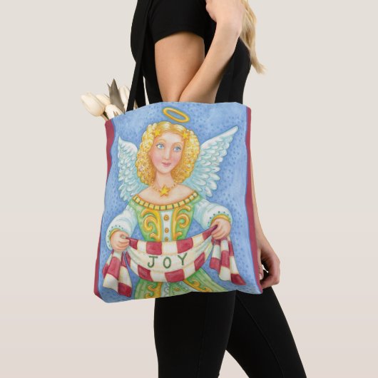 Cute Cartoon kerstengel Halo met Joy Banner Tote Bag (Dichtbij)