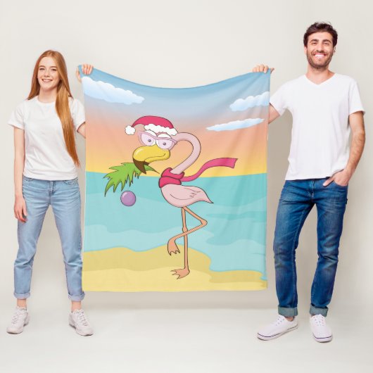 Cute cartoon kerstflamingo op het strand fleece deken (In situ)
