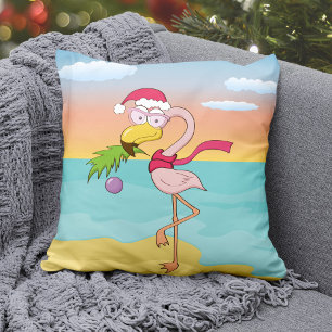 Cute cartoon kerstflamingo op het strand kussen