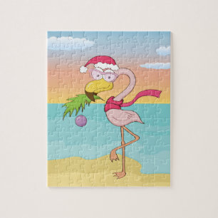Cute cartoon kerstflamingo op het strand legpuzzel