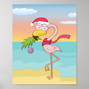 Cute cartoon kerstflamingo op het strand poster