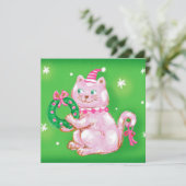 Cute Cartoon kerstkat Holding Wreated Feestdagenkaart (Staand voorkant)