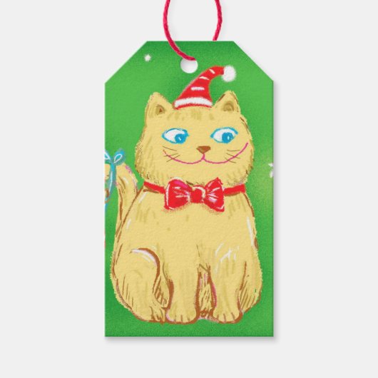 Cute Cartoon kerstkat met Santa Hat Cadeaulabel (Voorkant)