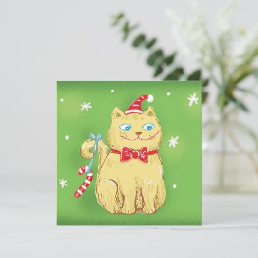 Cute Cartoon kerstkat met Santa Hat Feestdagenkaart (Staand voorkant)