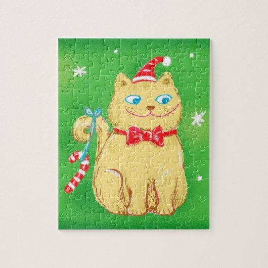 Cute Cartoon kerstkat met Santa Hat Legpuzzel (Verticaal)