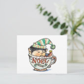 Cute Cartoon Kerstmis Elf Slaapend in een thea Cup Feestdagenkaart (Staand voorkant)