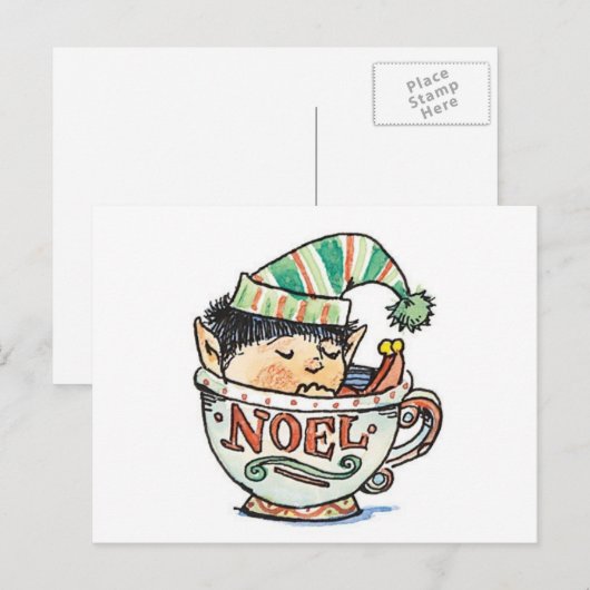 Cute Cartoon Kerstmis Elf Slaapend in een thea Cup Feestdagenkaart (Voorkant / Achterkant)