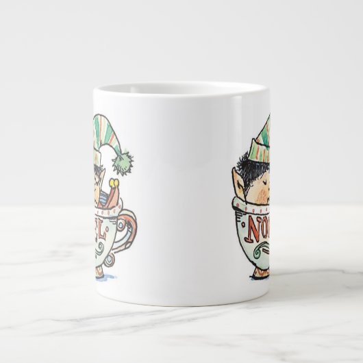 Cute Cartoon Kerstmis Elf Slaapend in een thea Cup Grote Koffiekop (Voorkant)