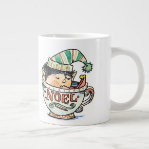 Cute Cartoon Kerstmis Elf Slaapend in een thea Cup Grote Koffiekop