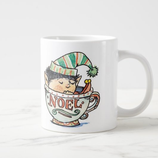 Cute Cartoon Kerstmis Elf Slaapend in een thea Cup Grote Koffiekop (Rechts)