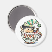 Cute Cartoon Kerstmis Elf Slaapend in een thea Cup Magneet (Voorkant / Achterkant)