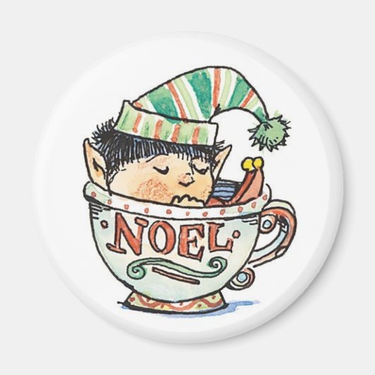 Cute Cartoon Kerstmis Elf Slaapend in een thea Cup Magneet (Voorkant)