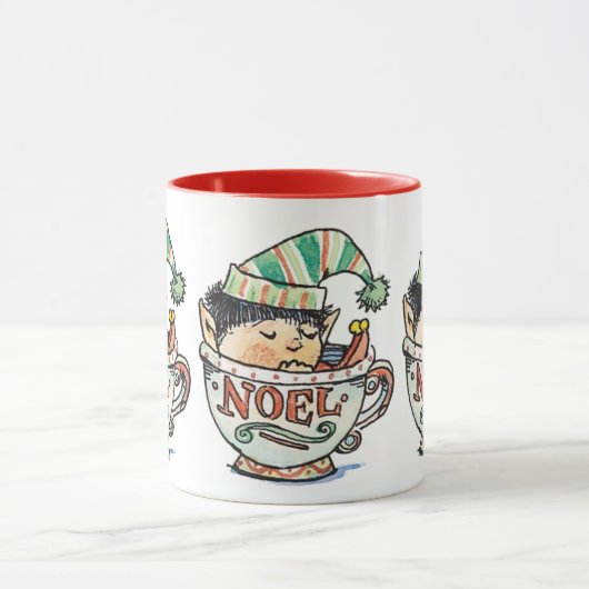 Cute Cartoon Kerstmis Elf Slaapend in een thea Cup Mok (Midden)
