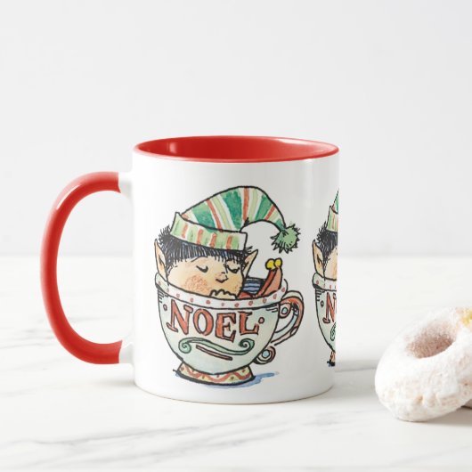 Cute Cartoon Kerstmis Elf Slaapend in een thea Cup Mok (Met donut)