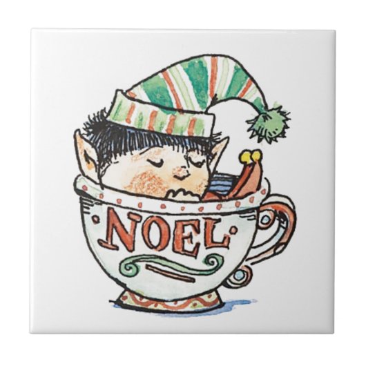 Cute Cartoon Kerstmis Elf Slaapend in een thea Cup Tegeltje (Voorkant)