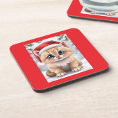 Cute cartoon kitten Christmas fun Bier Onderzetter (Linkerzijde)