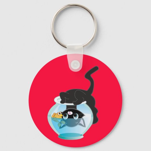 Cute Cartoon Kitten, Fish and bowl Sleutelhanger (Voorkant)