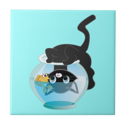 Cute Cartoon Kitten, Fish and bowl Tegeltje (Voorkant)