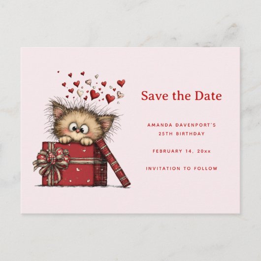 Cute Cartoon Kitten in a Box with Hearts Aankondigingskaart (Voorkant)