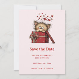 Cute Cartoon Kitten in a Box with Hearts Birthday Save The Date