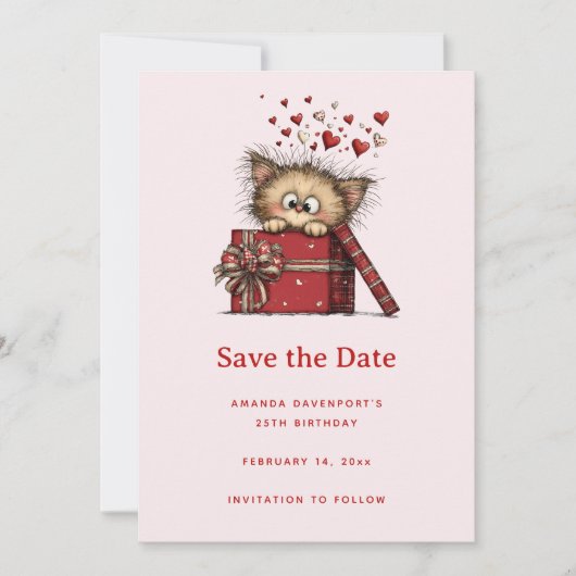Cute Cartoon Kitten in a Box with Hearts Birthday Save The Date (Voorkant)