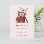 Cute Cartoon Kitten in a Box with Hearts Birthday Save The Date (Staand voorkant)