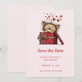 Cute Cartoon Kitten in a Box with Hearts Birthday Save The Date (Voorkant / Achterkant)
