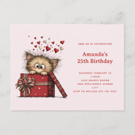 Cute Cartoon Kitten in a Box with Hearts Birthday Uitnodiging Briefkaart