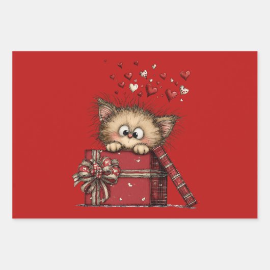 Cute Cartoon Kitten in a Box with Hearts Inpakpapier Vel (Voorkant)