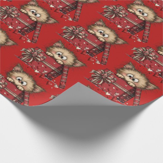 Cute Cartoon Kitten in a Box with Hearts Pattern Cadeaupapier (Hoek)