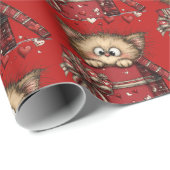 Cute Cartoon Kitten in a Box with Hearts Pattern Cadeaupapier (Rol Hoek)