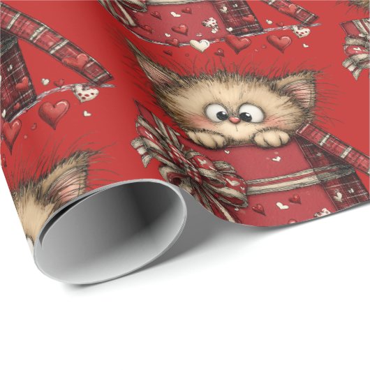 Cute Cartoon Kitten in a Box with Hearts Pattern Cadeaupapier (Rol Hoek)