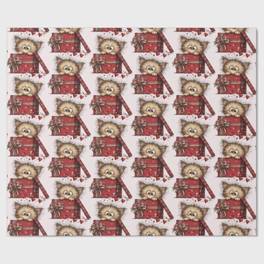 Cute Cartoon Kitten in a Box with Hearts Pattern Cadeaupapier (Vlak)