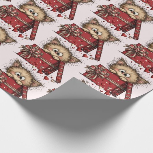 Cute Cartoon Kitten in a Box with Hearts Pattern Cadeaupapier (Hoek)