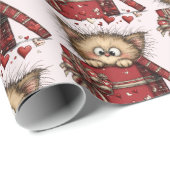 Cute Cartoon Kitten in a Box with Hearts Pattern Cadeaupapier (Rol Hoek)