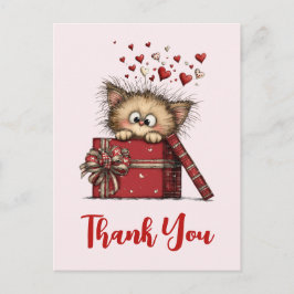 Cute Cartoon Kitten in a Box with Hearts Thank You Briefkaart