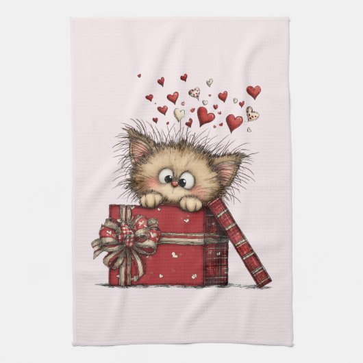 Cute Cartoon Kitten in a Box with Hearts Theedoek (Verticaal)