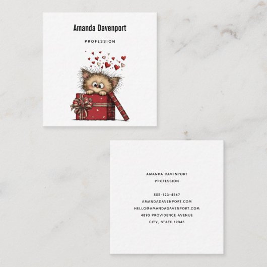 Cute Cartoon Kitten in a Box with Hearts Vierkante Visitekaartje (Voorkant / Achterkant)