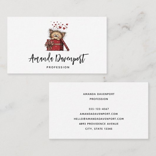 Cute Cartoon Kitten in a Box with Hearts Visitekaartje (Voorkant / Achterkant)