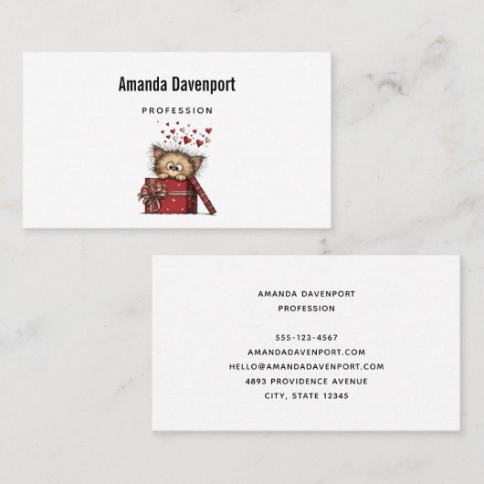 Cute Cartoon Kitten in a Box with Hearts Visitekaartje (Voorkant / Achterkant)