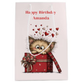 Cute Cartoon Kitten with Hearts Birthday Medium Cadeauzakje (Voorkant)