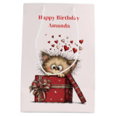 Cute Cartoon Kitten with Hearts Birthday Medium Cadeauzakje (Achterkant)