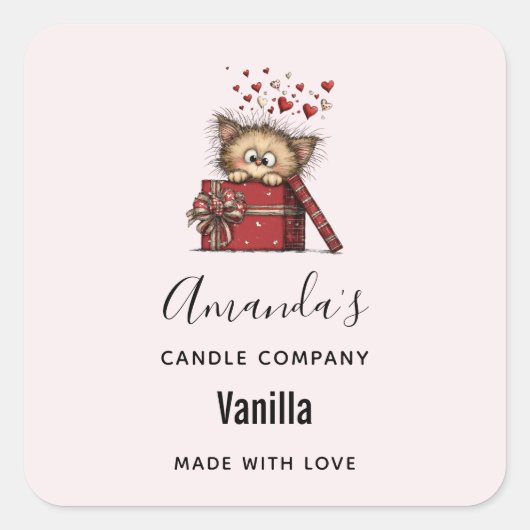 Cute Cartoon Kitten with Hearts Candle Business Vierkante Sticker (Voorkant)