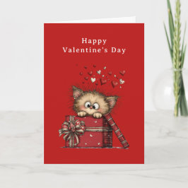 Cute Cartoon Kitten with Hearts Valentine's Day Feestdagen Kaart